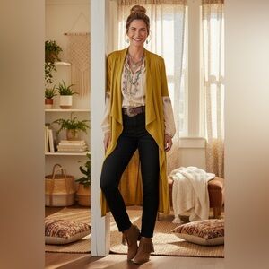 Tahari Long Open Front Duster Cardigan Mustard Gold Lightweight Layering Size S